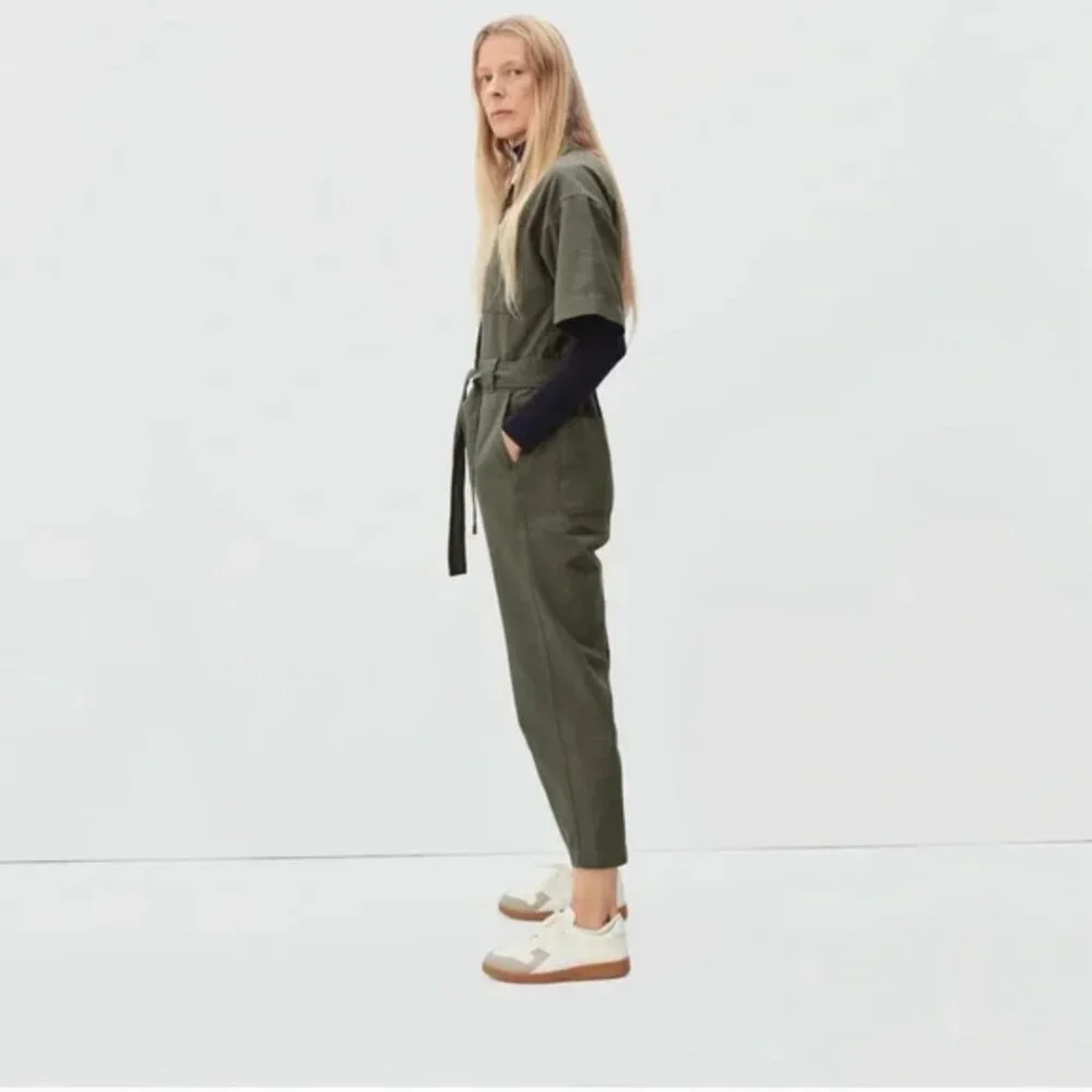 Everlane Fatigue Short Sleeve Jumpsuit Womens 2 Green Organic Cotton Linen Crop